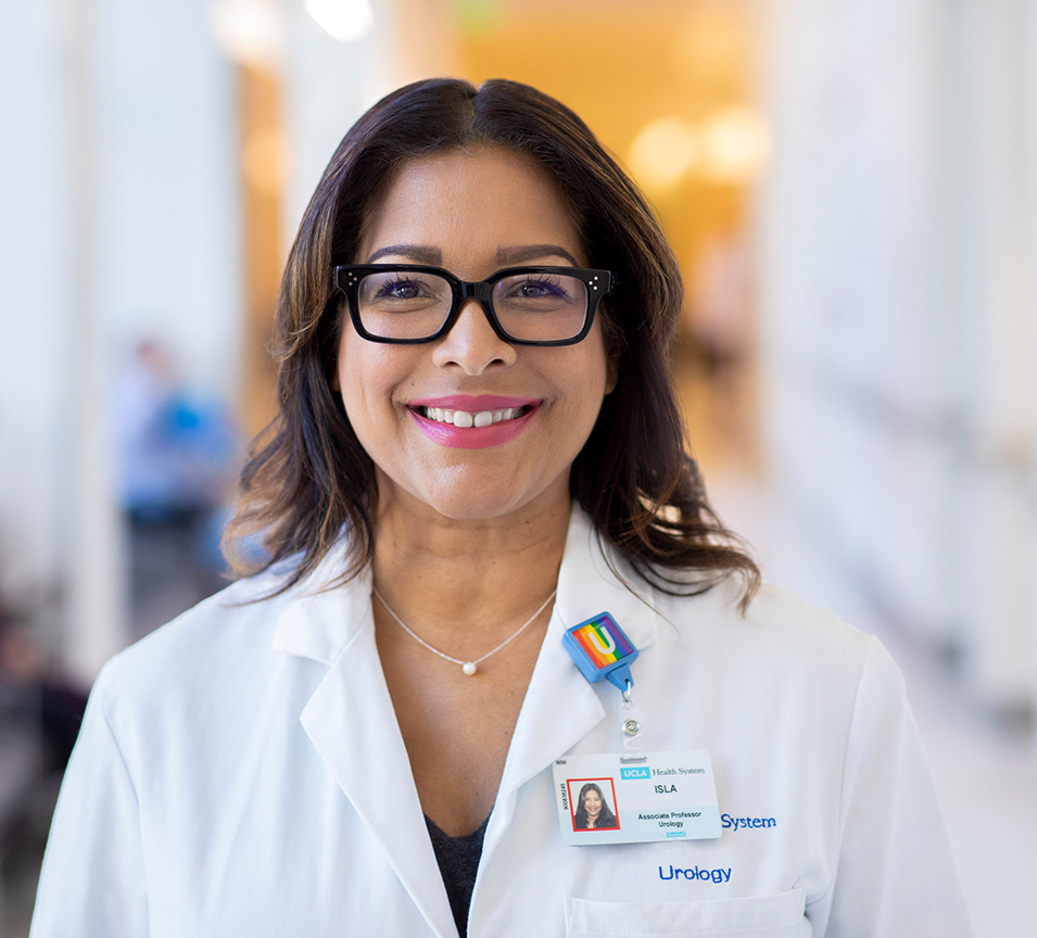Close-up portrait photo of female researcher in lab coat