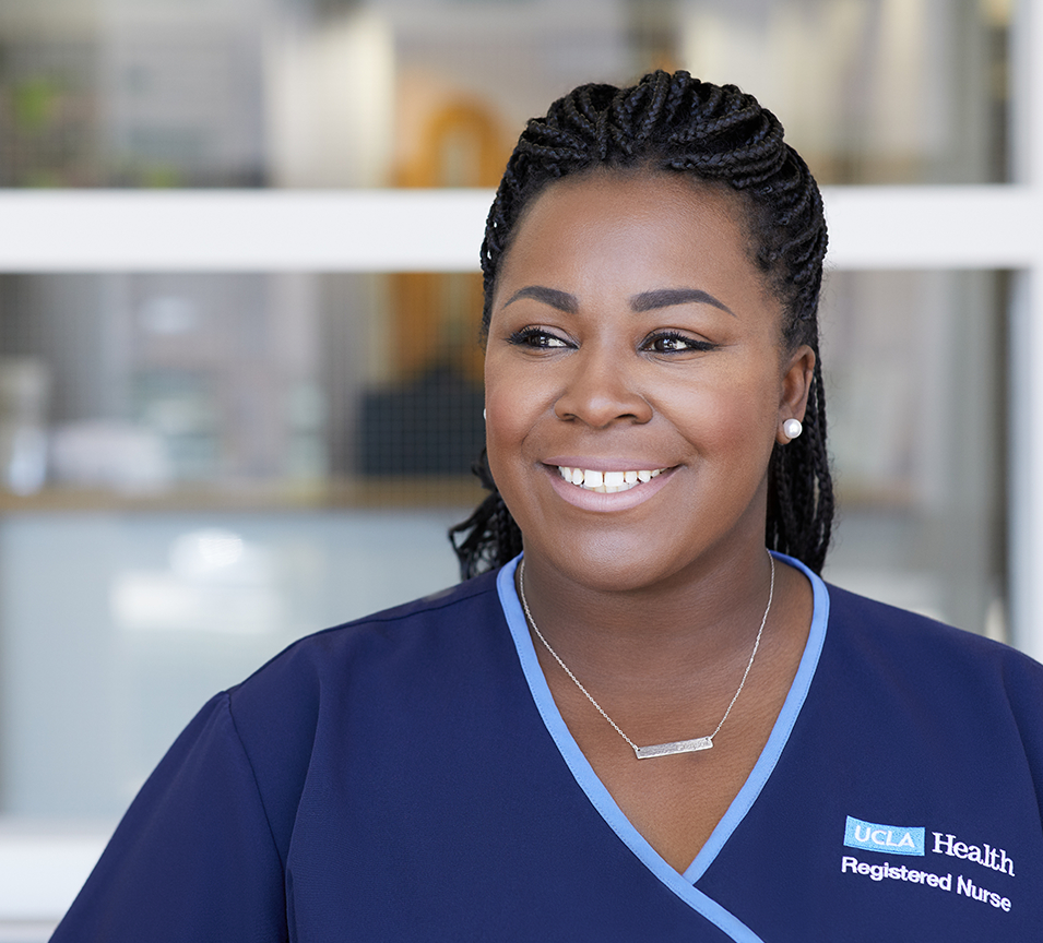 Close-up portrait photo of female nurse